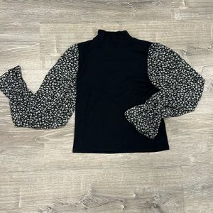 Zara mock black ribbed turtleneck with floral puff long sleeves